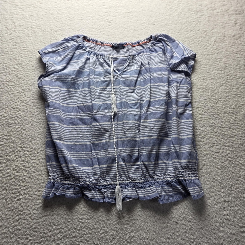 Tommy Hilfiger Blouse Womens XL Blue Scoop Neck Cap Sleeve Stripe Tassel Top